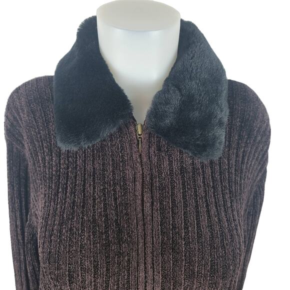 Valerie Stevens Chenille Faux Fur Neck Trim (Removable) Zip-Up Sweater Women's L - Picture 2 of 5